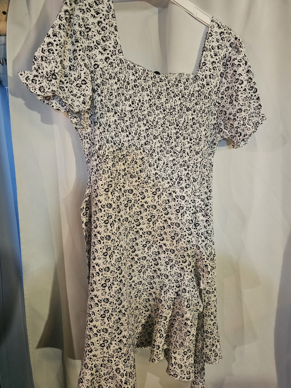 Square-Neck Midi Dress in White with Black Floral Print
